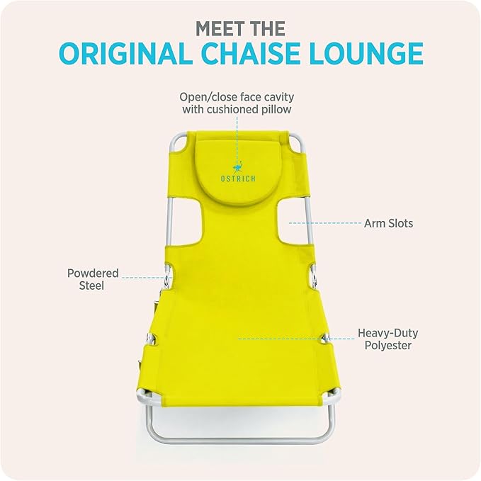 Ostrich the Original Chaise 72 x 22 Inch Lounge Portable Reclining Lounger, Outdoor Patio, Beach, Lawn, Camping, or Pool Tanning Chair, Lime Green