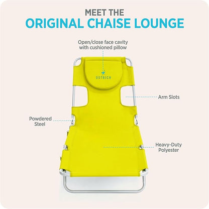 Ostrich the Original Chaise 72 x 22 Inch Lounge Portable Reclining Lounger, Outdoor Patio, Beach, Lawn, Camping, or Pool Tanning Chair, Lime Green