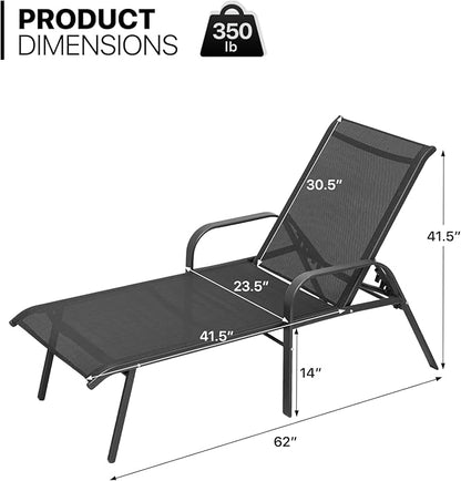MoNiBloom Outdoor Black Lounge Chairs Set of 2, 5 Levels Adjustable Backrest Pool Lounge Chairs Breathable All Weather Metal Frame Sunbathing Recliner for Patio, Beach, Yard, Pool, 350 Lbs Capacity