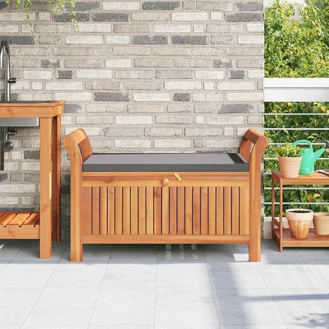 Garden Storage Bench with Cushion in Dark Grey and Brown, Solid Acacia Wood Modern Outdoor Furniture, Weather-Resistant Seating with Removable Cover and Ample Internal Space