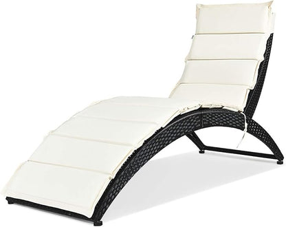 Tangkula Foldable Patio Lounge Chair, Outdoor Rattan Lounger Chaise, Portable Patio Chaise with Cushion, All-Weather Wicker Furniture for Garden Lawn Balcony Backyard Poolside (1, Beige)