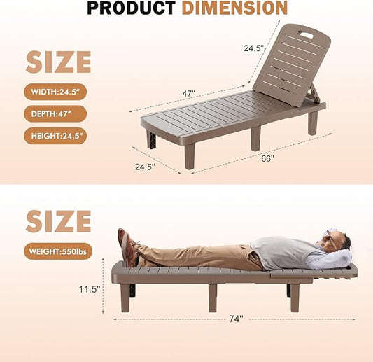 WACASA Outdoor Chaise Lounge Chairs Set of 4, Oversized Lounge Chairs with 5-Level Adjustable Backrest & Cup Holder, Resin Waterproof Pool Lounge Chair for Poolside, Patio, Beach, Yard, Taupe
