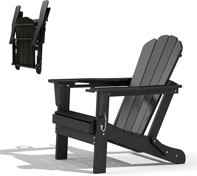 Domi Folding Adirondack Chair, HDPE All-Weather Outdoor Chair with Cup Holder, Wooden Textured Fire Pit Chair for Backyard, Patio, Poolside & Deck, Black