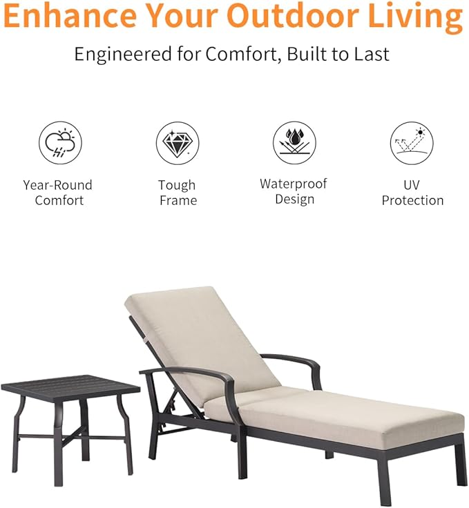 2 Pieces Lounge Chair Set, Outdoor Chaise Lounge Set, Never-Rust Aluminum Pool Lounge Set with Gray Cushion - Photo 5