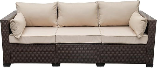 WAROOM Patio Couch PE Rattan 3-Seat Outdoor Sofa Brown Wicker Furniture Set Deep Seating with Anti-Slip Beige Cushion