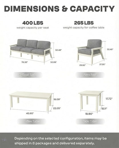 HDPE Patio Furniture Set 10 Seats, Outdoor Couch with Washable Thick Gray Cushions & Coffee Table & Side Table, Outdoor Sectional Furniture for Backyard, Deck, Lawn, Porch (White Frame)