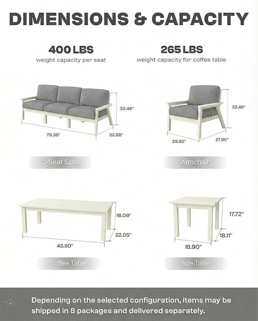HDPE Patio Furniture Set 10 Seats, Outdoor Couch with Washable Thick Gray Cushions & Coffee Table & Side Table, Outdoor Sectional Furniture for Backyard, Deck, Lawn, Porch (White Frame)