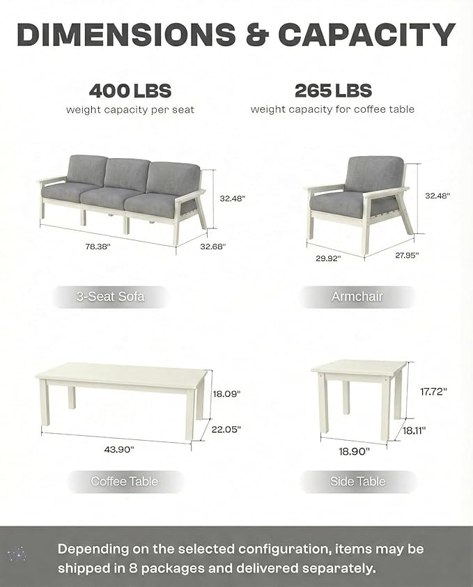 HDPE Patio Furniture Set 8 Seats, Outdoor Couch with Washable Thick Gray Cushions & Side Table, Outdoor Sectional Furniture for Backyard, Deck, Lawn, Porch (White Frame)
