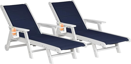 Outdoor Chaise Lounge Chair set of 2, 5-Position Adjustable Patio Lounge Chair with Wheels & Cup Holder, HDPE Pool Lounge Chair with Textilene Surface for Outside, Poolside (Dark Blue+White, 2)