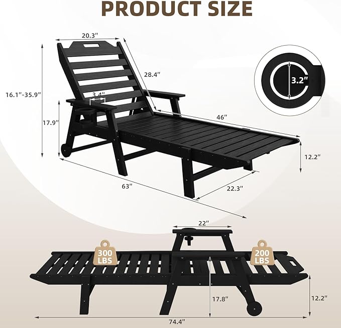 Mdeam 6-Position Lounge Chair Outdoor, 22" W Oversized Sun Tanning Chair, 500LBS Capacity, HDPE All-Weather Patio Lounge Chaise with Wheels Cup Holder for Pool Beach Backyard Lawn Deck, Black