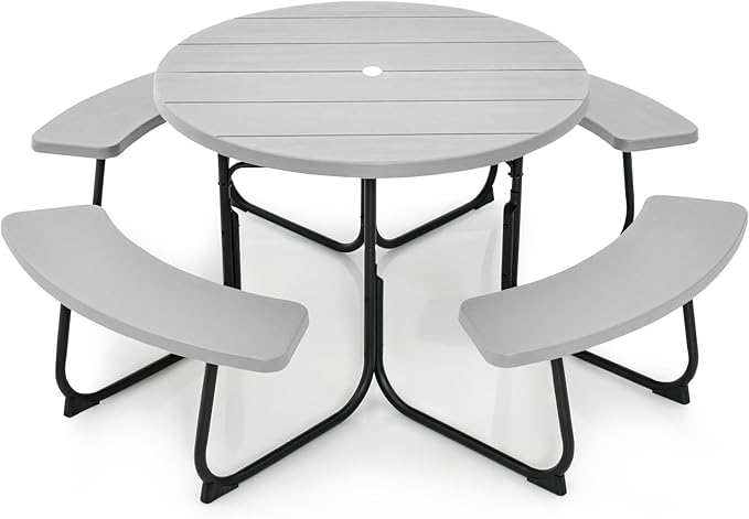 Round Picnic Table for Outdoors, 8 Person Outdoor Picnic Tables & Benches Set with Umbrella Hole - Photo 1