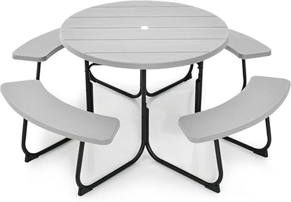 Round Picnic Table for Outdoors, 8 Person Outdoor Picnic Tables & Benches Set with Umbrella Hole, HDPE Tabletop & Metal Frame, 2000 LBS Capacity Table Bench Set for BBQ, Garden, Lawn, Patio