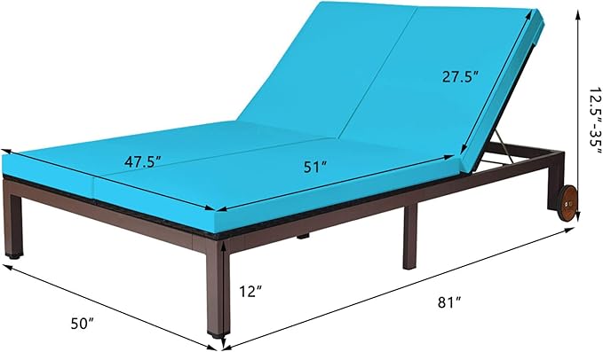 DORTALA 2-Person Patio Rattan Recliner Chair W/Wheels, Double Wicker Daybed Chaise Lounge Chair with Adjustable Backrest, Outdoor Furniture Conversation Set for Garden Lawn, Turquoise