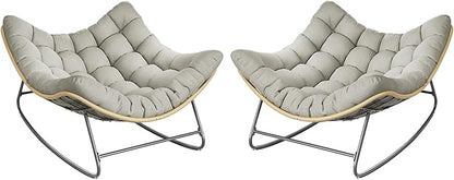 Outdoor Rocking Chair, 2 PCS Indoor Papasan Chairs, Oversized Egg Rocking Chair with Thick Cushion, Rattan Wicker Rocker Lounge Chair for Bedroom, Living Room, Patio, Garden, Porch (Light Grey)