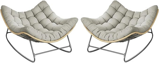 Outdoor Rocking Chair, 2 PCS Indoor Papasan Chairs, Oversized Egg Rocking Chair with Thick Cushion, Rattan Wicker Rocker Lounge Chair for Bedroom, Living Room, Patio, Garden, Porch (Light Grey)