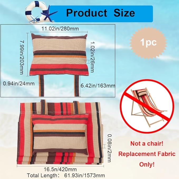 GORGECRAFT Beach Sling Chair Canvas Cloth with Pillow 44x17 Red and Yellow Striped Casual Lounge Chair Replacement - Photo 3