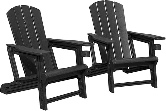 FONTOI Adirondack Chair, Plastic Adirondack Chair with Cup Holder, Outdoor Weather Resistant Lawn Furniture, 400 LBS Capacity Recliner, Garden Backyard Patio Without Screws Install,Set of 2 Black