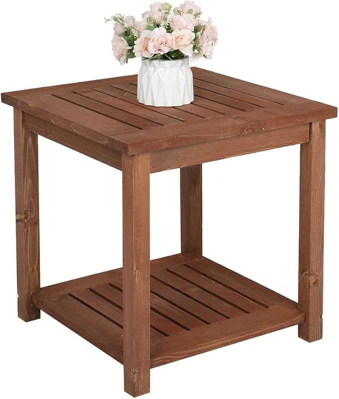 Outvita Patio Small Side Table, Acacia Wood 18 inch Double-Deck Coffee Table with Storage Tier for Living Room, Garden, Balcony, Porch, Deck (Carbonized Color)