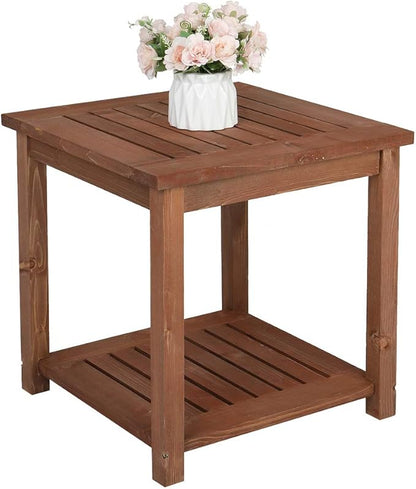 Outvita Patio Small Side Table, Acacia Wood 18 inch Double-Deck Coffee Table with Storage Tier for Living Room, Garden, Balcony, Porch, Deck (Carbonized Color)
