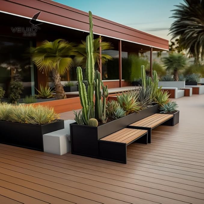 Bench with Planter Box, Outdoor Flower Box Sitting Bench Set Commercial Street Patio Leisure Table and Chair Planter Set DIY Assembled Metal Park Resting Bench Outdoor Seating Garden Bench(L150xD70xH6