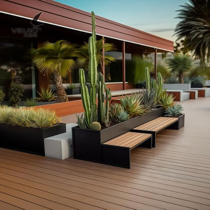Bench with Planter Box, Outdoor Flower Box Sitting Bench Set Commercial Street Patio Leisure Table and Chair Planter Set DIY Assembled Metal Park Resting Bench Outdoor Seating Garden Bench(L150xD70xH6