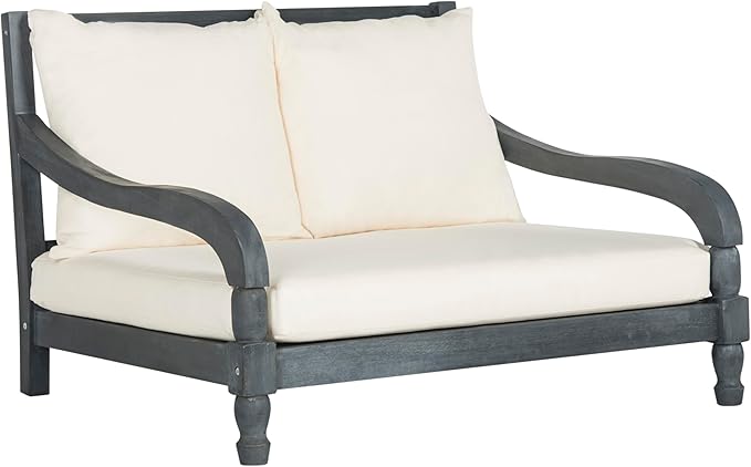 SAFAVIEH Outdoor Collection Pomona Ash Grey Solid Wood/Beige Lounger Bench Sofa Loveseat (PAT6740B)
