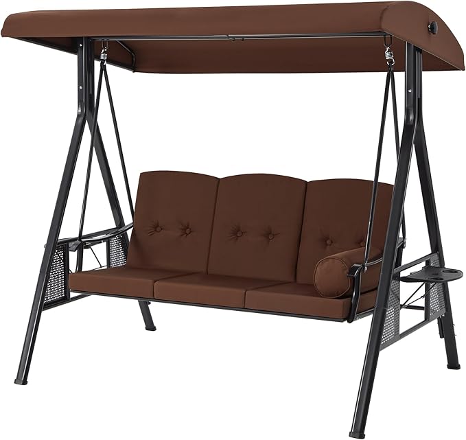 AECOJOY Outdoor Porch Swing, 3-Seat Porch Swing with Adjustable Canopy, Outdoor Swings for Adult with Brown Removable Cushions for Backyard, Garden, Yard, Poolside, Balcony