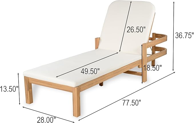 Christopher Knight Home Kayas Acacia Wood Chaise Lounge with Adjustable Backrest, 77.5" Outdoor Sun Lounger with Cushion, Patio Lounger Recliner Chair for Poolside Lawn, Light Teak+Cream, Set of 2