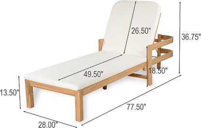 Christopher Knight Home Kayas Acacia Wood Chaise Lounge with Adjustable Backrest, 77.5" Outdoor Sun Lounger with Cushion, Patio Lounger Recliner Chair for Poolside Lawn, Light Teak+Cream, Set of 2