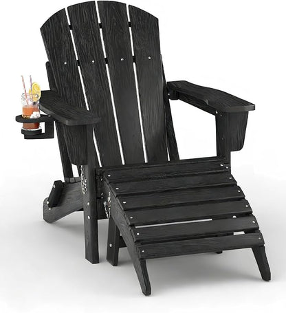 Garvee Folding Adirondack Chair with Ottoman, HDPE Outdoor Patio Chair with Cup Holder, All Weather Resistent Wooden Textured for patios, Decks, Gardens, fire Pit, Black