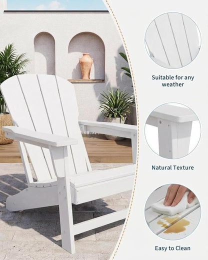 IDEALHOUSE Adirondack Chairs Set of 2, Fixed Non-Folding Design, HDPE Outdoor Chair, 380 LBS Weight Capacity, Wood Grain Texture Patio Lawn Garden Backyard Deck Poolside Furniture, White