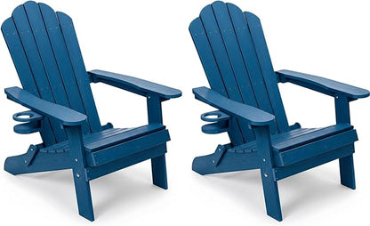 JEKO&JEKO Folding Adirondack Chairs Set of 2, All-Weather Outdoor Chair with Cup Holder, Plastic Adirondack Chair for Patio, Garden, Lawn, Porch, Deck, Backyard – Navy Blue