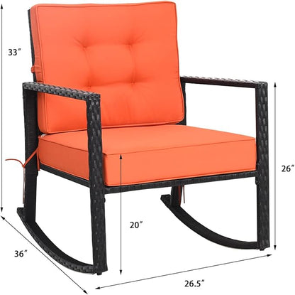 Tangkula Wicker Rocking Chair, Outdoor Glider Rattan Rocker Chair with Heavy-Duty Steel Frame, Patio Wicker Furniture Seat with 5” Thick Cushion for Garden, Porch, Backyard, Poolside (2, Orange)