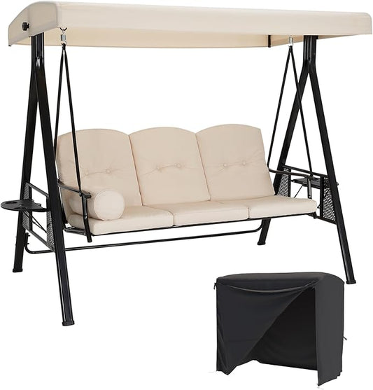 AECOJOY Outdoor Porch Swing with Cover, 3-Seat Patio Swings with Adjustable Canopy, Outside Swing for Adult with Beige Removable Cushions for Backyard, Garden, Yard, Poolside, Balcony