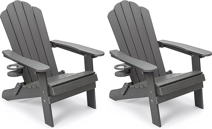 JEKO&JEKO Folding Adirondack Chairs Set of 2, All-Weather Outdoor Chair with Cup Holder, Plastic Adirondack Chair for Patio, Garden, Lawn, Porch, Deck, Backyard – Gray