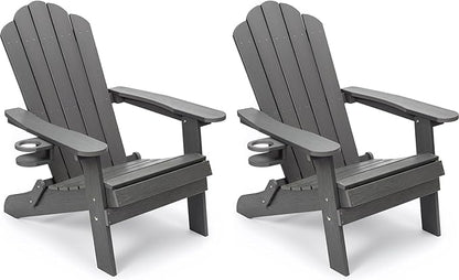 JEKO&JEKO Folding Adirondack Chairs Set of 2, All-Weather Outdoor Chair with Cup Holder, Plastic Adirondack Chair for Patio, Garden, Lawn, Porch, Deck, Backyard – Gray