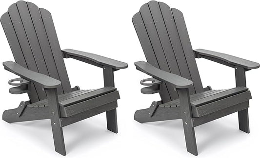 JEKO&JEKO Folding Adirondack Chairs Set of 2, All-Weather Outdoor Chair with Cup Holder, Plastic Adirondack Chair for Patio, Garden, Lawn, Porch, Deck, Backyard – Gray