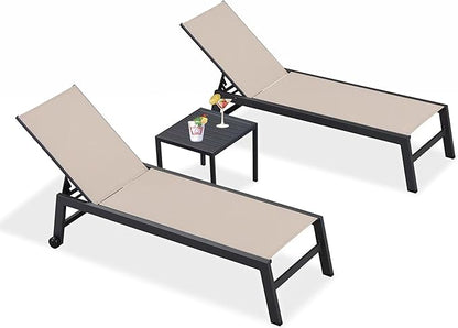 PURPLE LEAF Outdoor Chaise Lounge with Wheels for Outside 2 Pieces Aluminum Patio Lounge Chair with 5 Adjustable Position Recliner for Patio, Beach, Yard, Pool, Side Table Included, Beige
