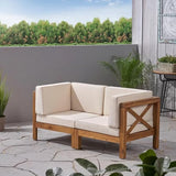 roomfitters Outdoor X-Back Loveseat with Acacia Wood Frame and Weather-Resistant Cushions, Beige - Photo 1