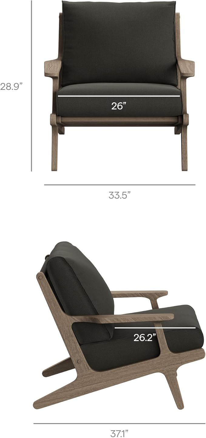 Modway Saratoga Teak Outdoor Lounge Chair in Flint Gray – Oversized Patio Accent Armchair with Wood Frame and Weather-Resistant Cushions