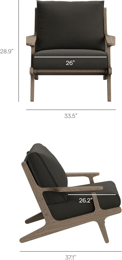 Modway Saratoga Teak Outdoor Lounge Chair in Flint Gray – Oversized Patio Accent Armchair with Wood Frame and Weather-Resistant Cushions