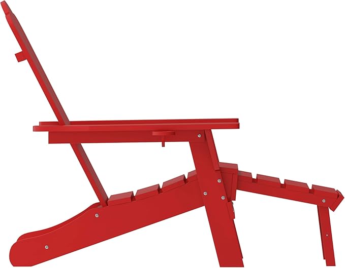 Flash Furniture Newport Poly Resin Adirondack Chair with Cup Holder and Pull Out Ottoman, All-Weather Poly Resin Indoor/Outdoor Lounge Chair, Red
