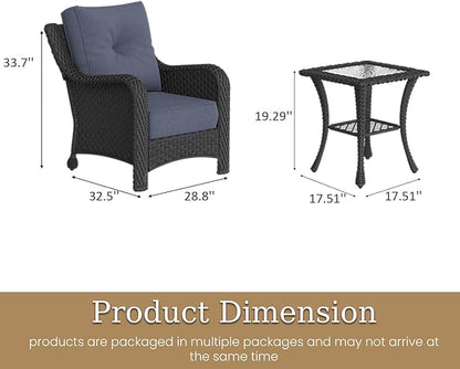 3 Piece Patio Furniture Set, All-Weather Wicker Outdoor Conversation Set with Rattan Chair and 6 Inch Thick Cushions