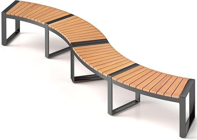 Tangkula Patio Curved Bench Set of 2, Acacia Wood Fire Pit Bench w/Slatted Seat & Metal Legs, Outdoor Backless 2-Person Seating for Yard, Garden, Porch, 800 LBS Max Load, Oil Painted