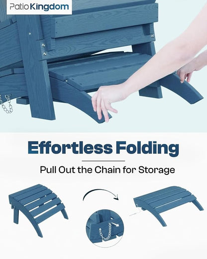 Folding Adirondack Ottoman Footrest, HDPE Plastic Outdoor Footstool No Assembly Required, All-Weather Foldable Ottoman for Adirondack Chair, Patio, Lawn, Garden, Deck, Poolside, Fire Pit, Blue