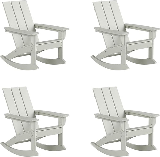 WestinTrends Ashore Patio Rocking Chairs Set of 4, All Weather Poly Lumber Plank Adirondack Rocker Chair, Modern Farmhouse Outdoor Rocking Chairs for Porch Garden Backyard and Indoor, Sand