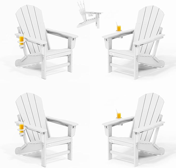 Mdeam 3-Position Adjustable Adirondack Chairs Set of 4, 400LBS Capacity, Cup Holder, Wooden Textured, All-Weather HDPE Folding Fire Pit Outdoor Chairs for Poolside Deck Patio Garden Yard Lawn - White