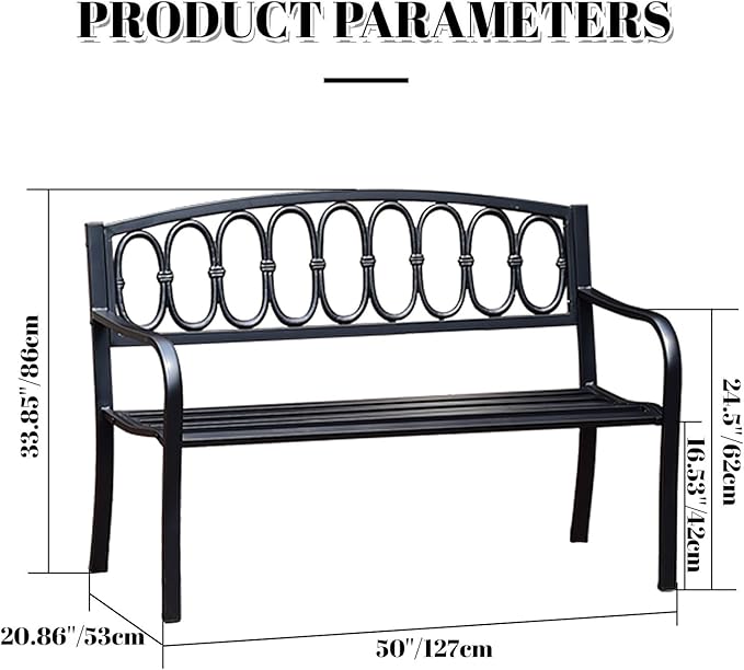 Outdoor Metal Garden Bench 50", Porch Bench Chair，2-Person Patio Bench with Backrest and Armrests, Park Benches Weatherproof, Outdoor Metal Benches for Porch Poolside Backyard