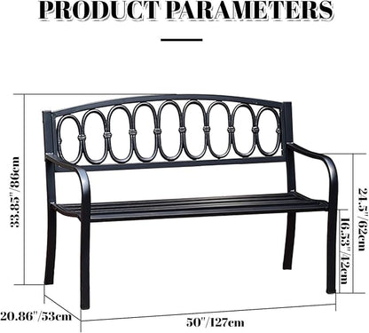 Outdoor Metal Garden Bench 50", Porch Bench Chair，2-Person Patio Bench with Backrest and Armrests, Park Benches Weatherproof, Outdoor Metal Benches for Porch Poolside Backyard