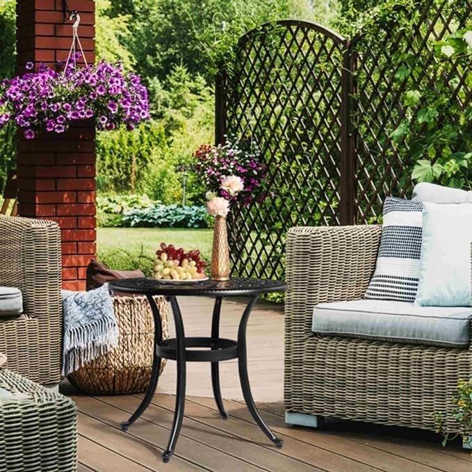 Patio Cast Aluminum Side Table with Umbrella Hole, Outdoor End Table Small Round Coffee Table for Backyard, Garden, Porch, Balcony, Pool Side, Indoor, Black